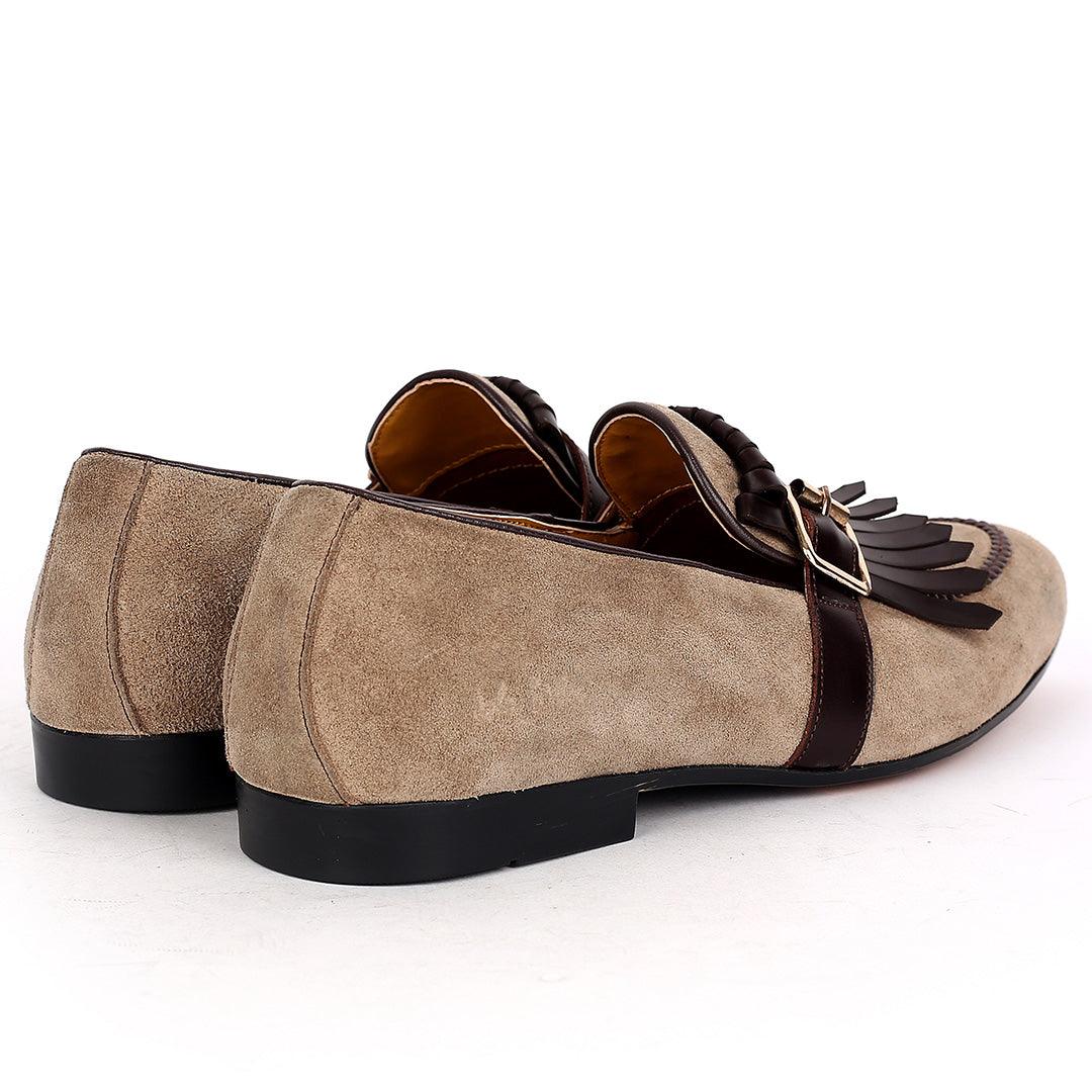 John Foster Grey Suede Leather Fringe Buckle Belt Designed Men's Shoe - Obeezi.com