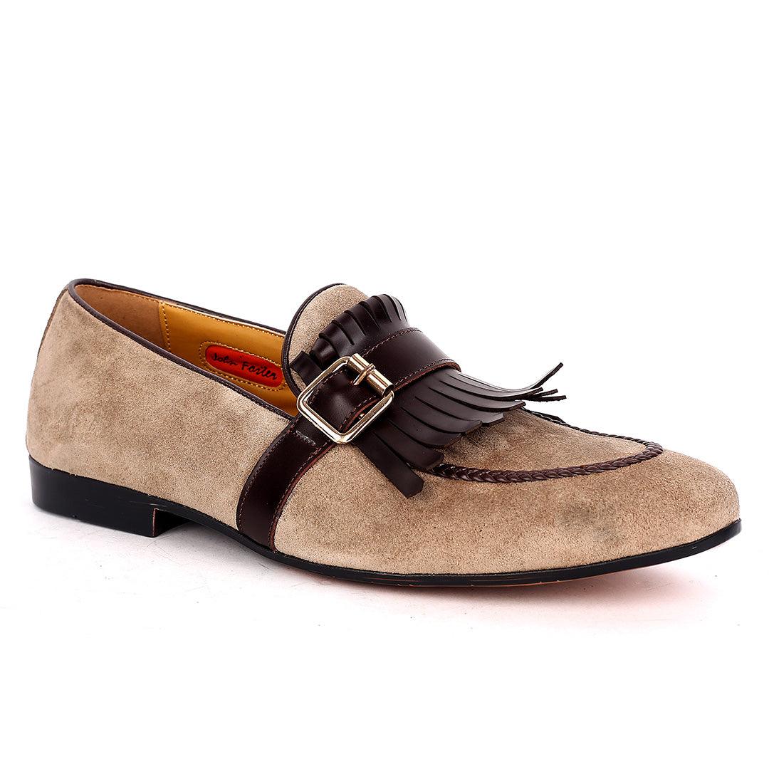 John Foster Grey Suede Leather Fringe Buckle Belt Designed Men's Shoe - Obeezi.com