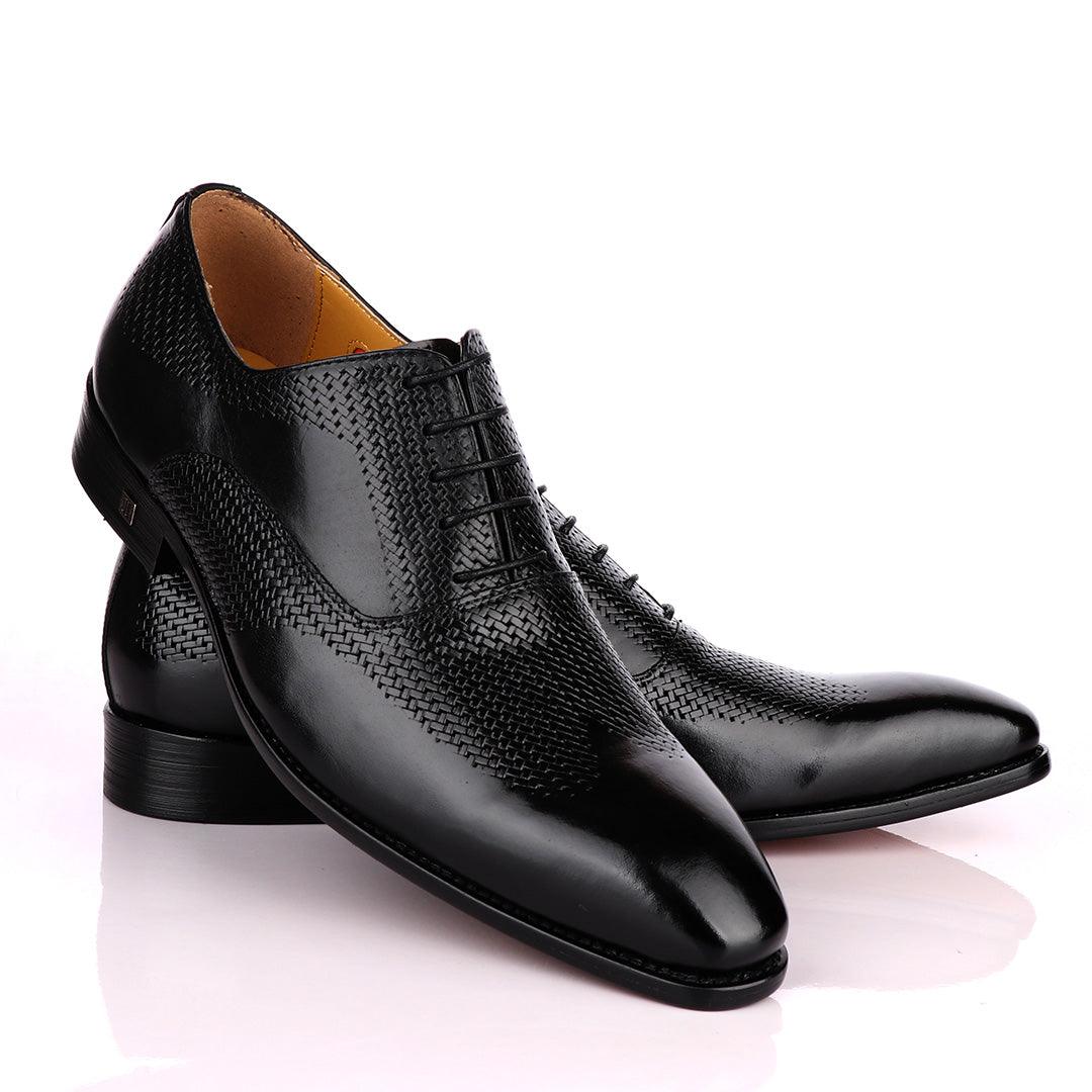 John Foster Half Basket Pattern Black Lace Up Loafers Shoe - Obeezi