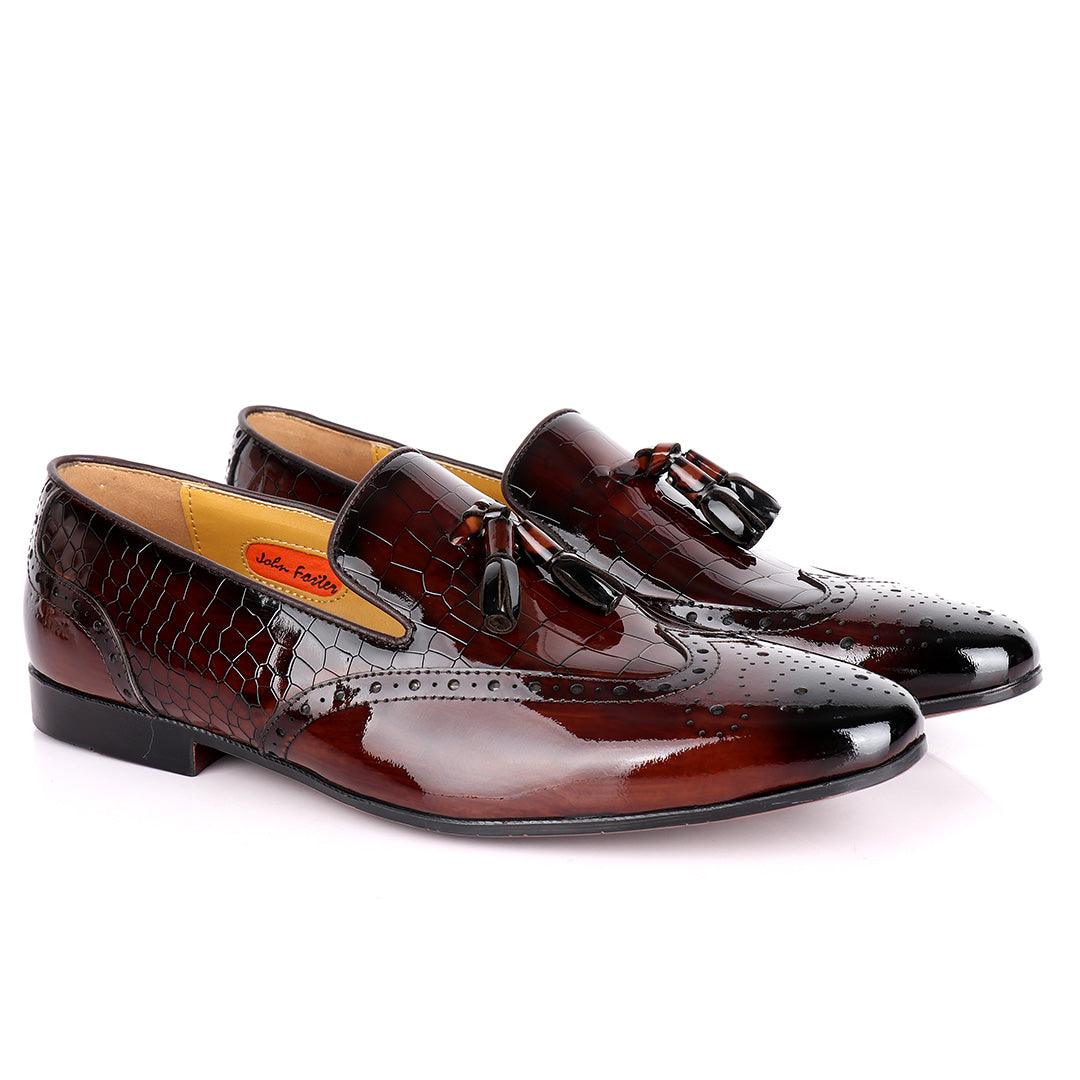 John Foster Half Croc Wetlips Leather With Tassel Design Brogues- Coffee - Obeezi.com