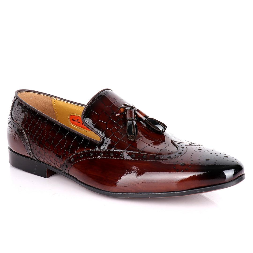 John Foster Half Croc Wetlips Leather With Tassel Design Brogues- Coffee - Obeezi.com