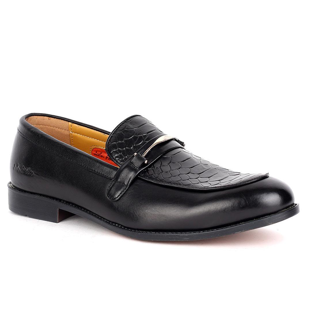 John Foster Half Crocodile Designed Leather Chain Belt -Black - Obeezi.com