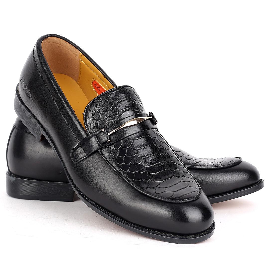 John Foster Half Crocodile Designed Leather Chain Belt -Black - Obeezi.com