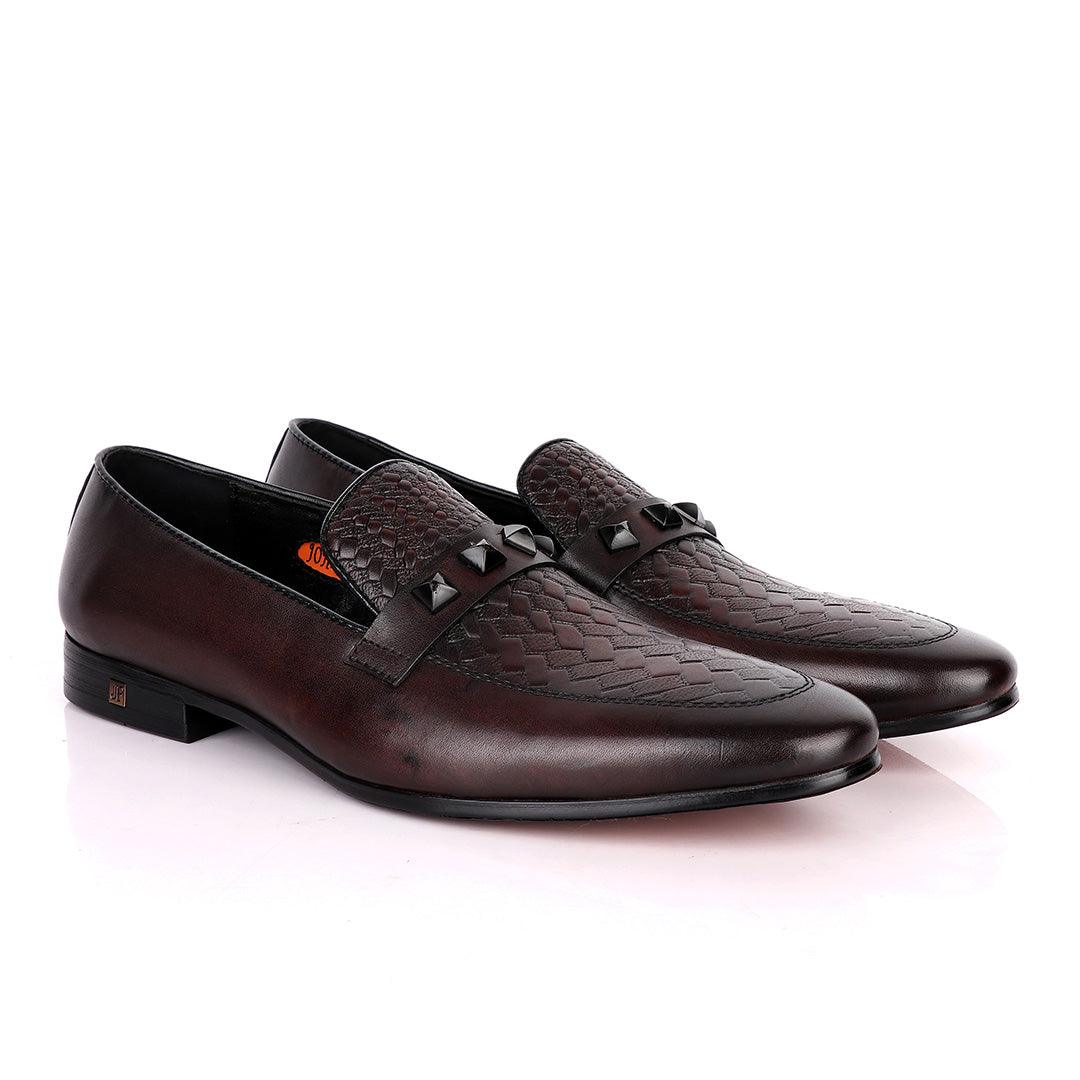 JOHN FOSTER HALF WOVEN LEATHER WITH BLACK CRYSTAL STONE-COFFEE - Obeezi