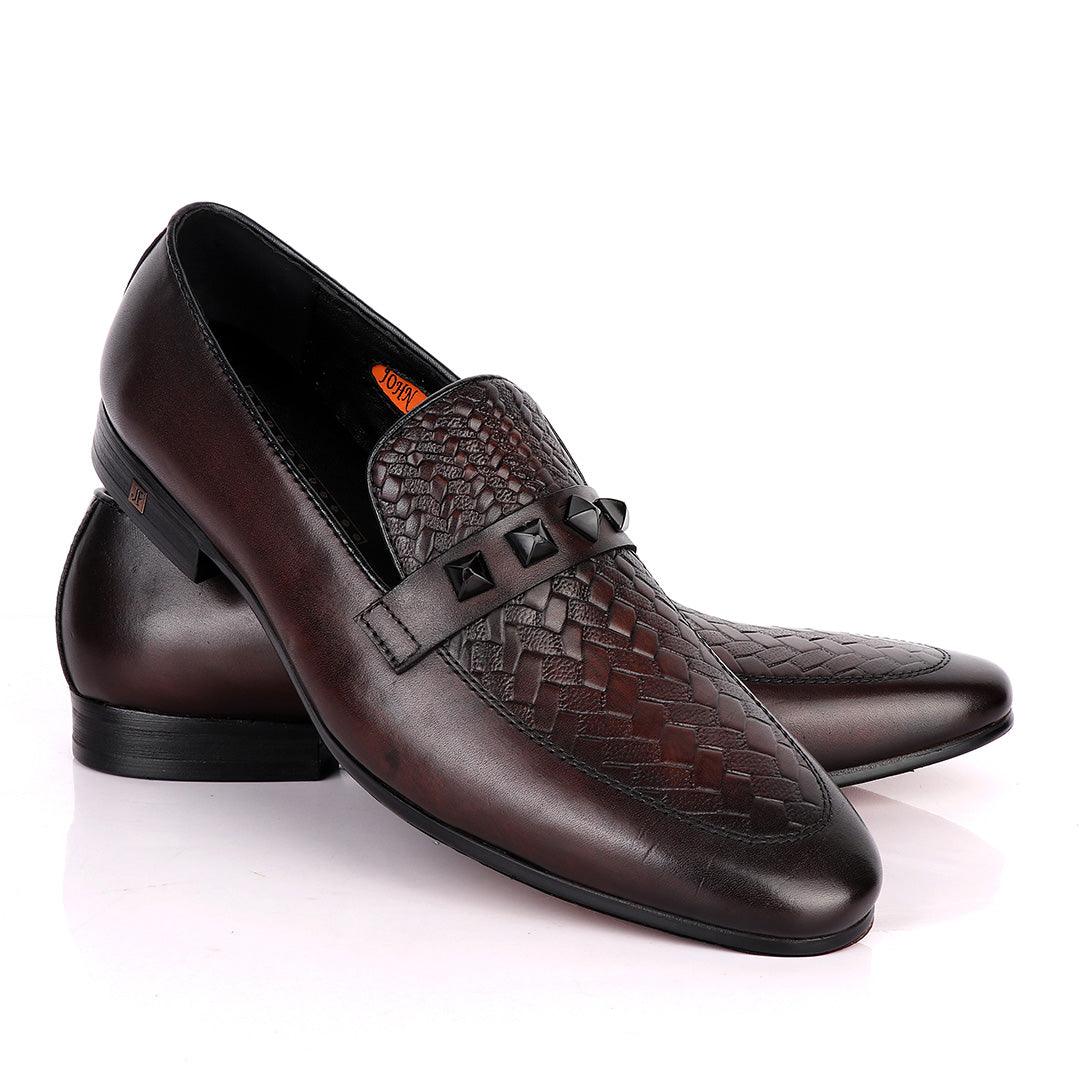 JOHN FOSTER HALF WOVEN LEATHER WITH BLACK CRYSTAL STONE-COFFEE - Obeezi