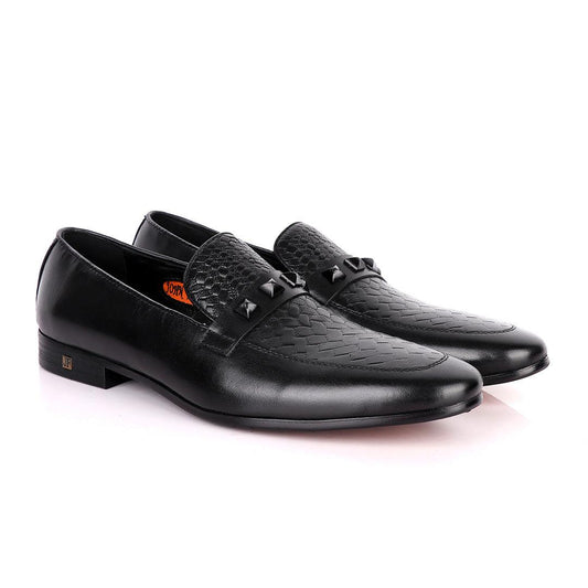 John Foster Half Woven With Black Crystal Design Leather Shoe-Black - Obeezi