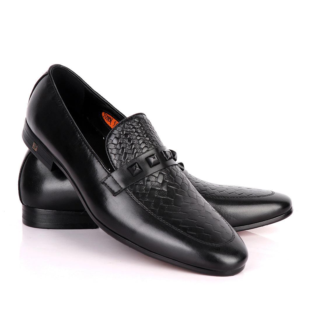 John Foster Half Woven With Black Crystal Design Leather Shoe-Black - Obeezi