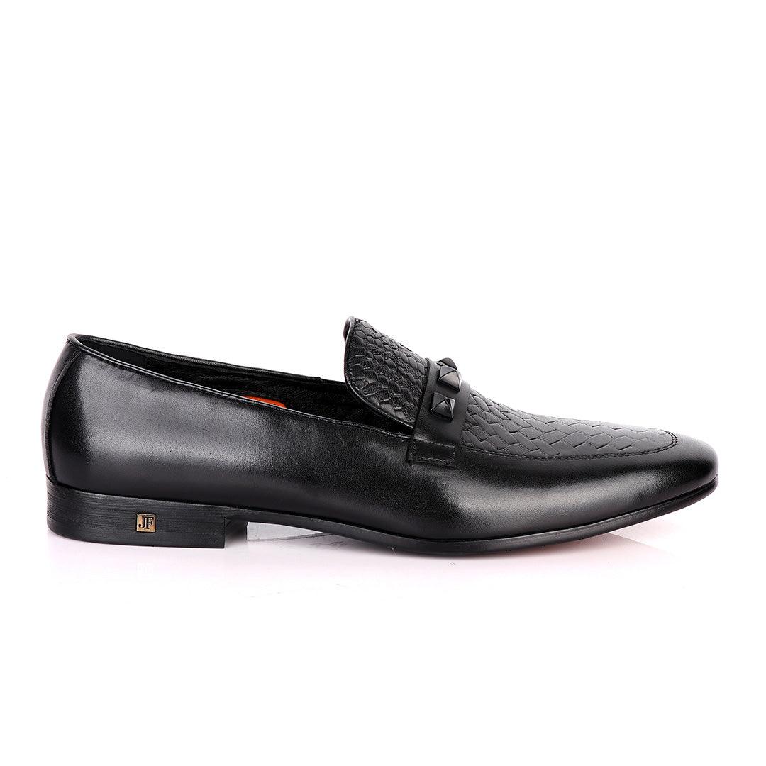 John Foster Half Woven With Black Crystal Design Leather Shoe-Black - Obeezi