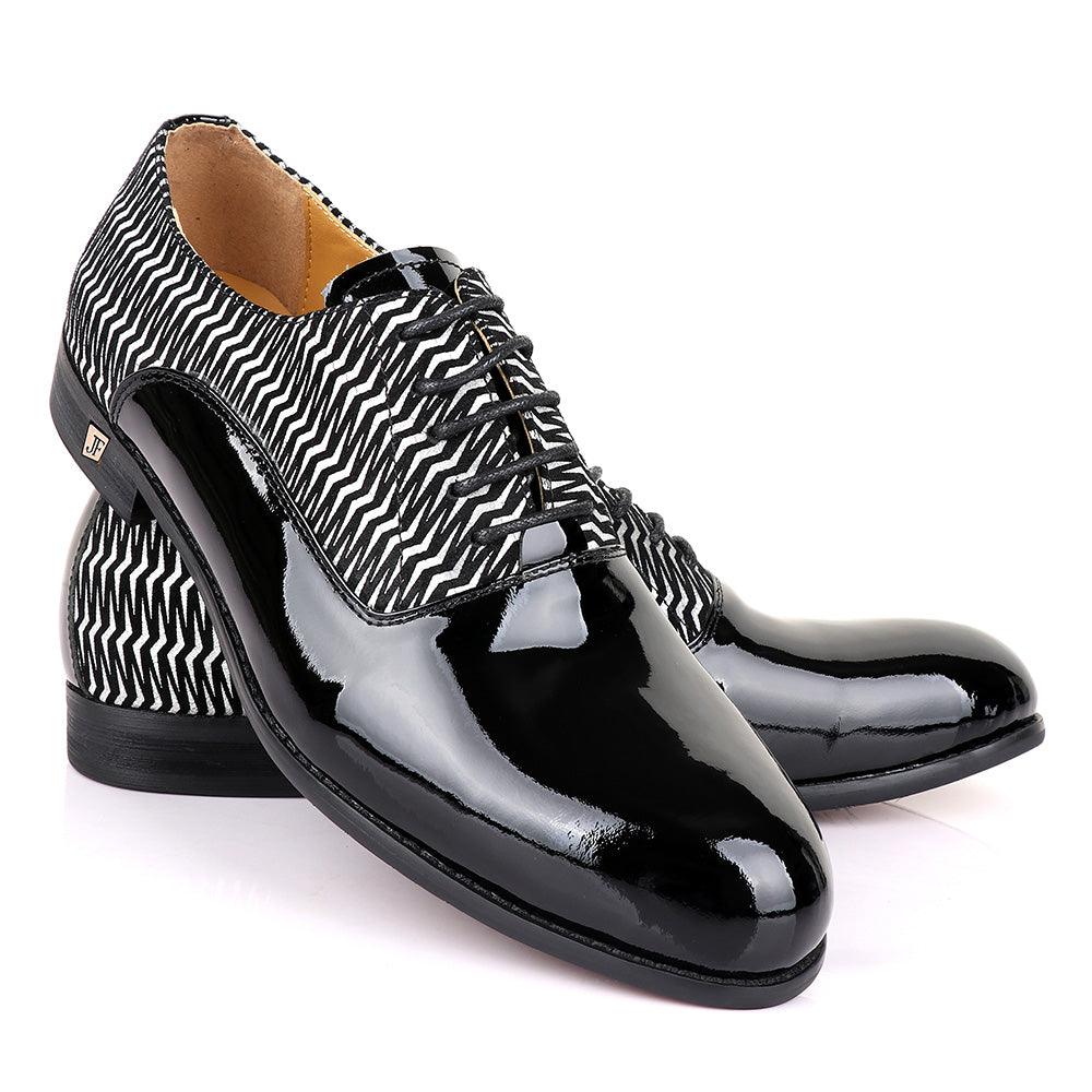 John Foster Laceup Silver Pattern Black Leather Shoe - Obeezi
