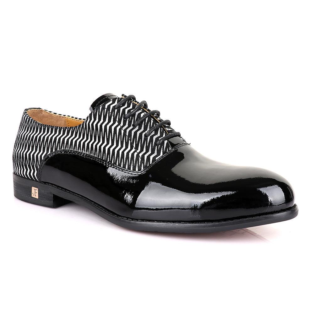 John Foster Laceup Silver Pattern Black Leather Shoe - Obeezi