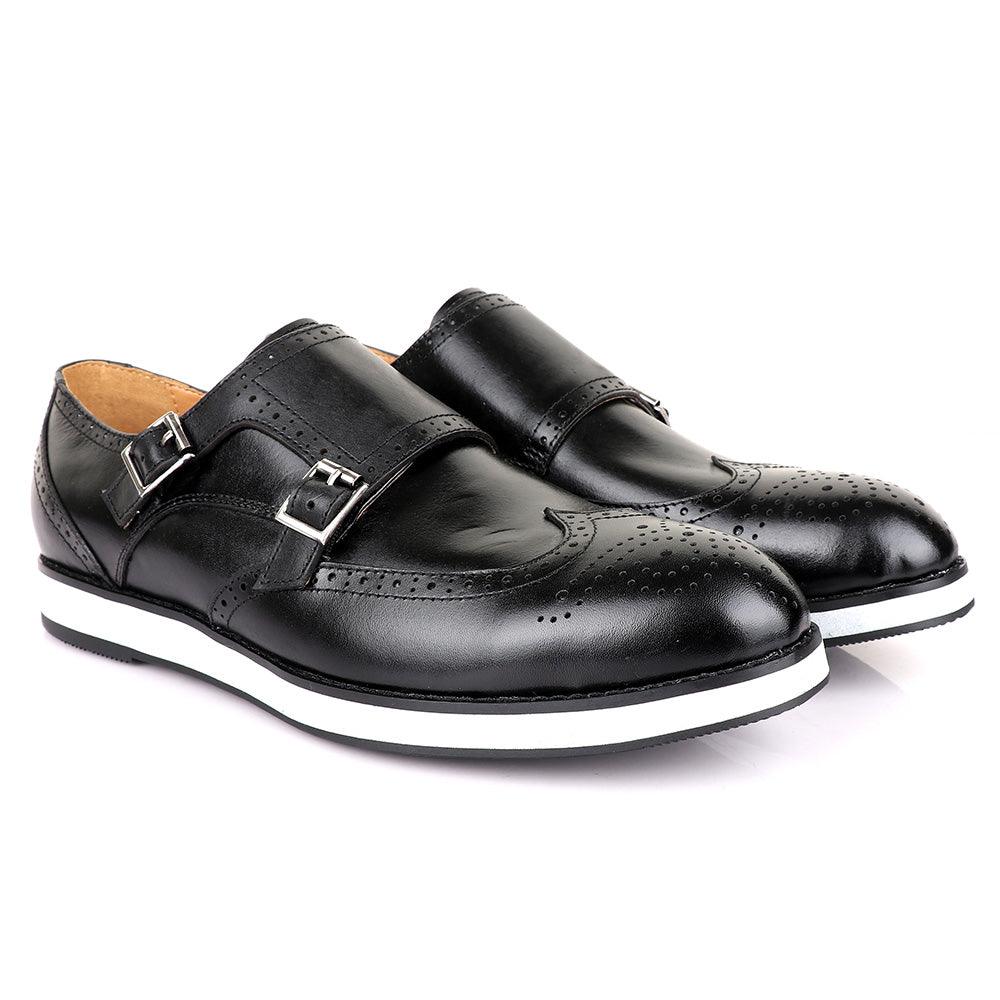 John Foster Men’s Double Monk Strap Brogues Shoes-Black - Obeezi