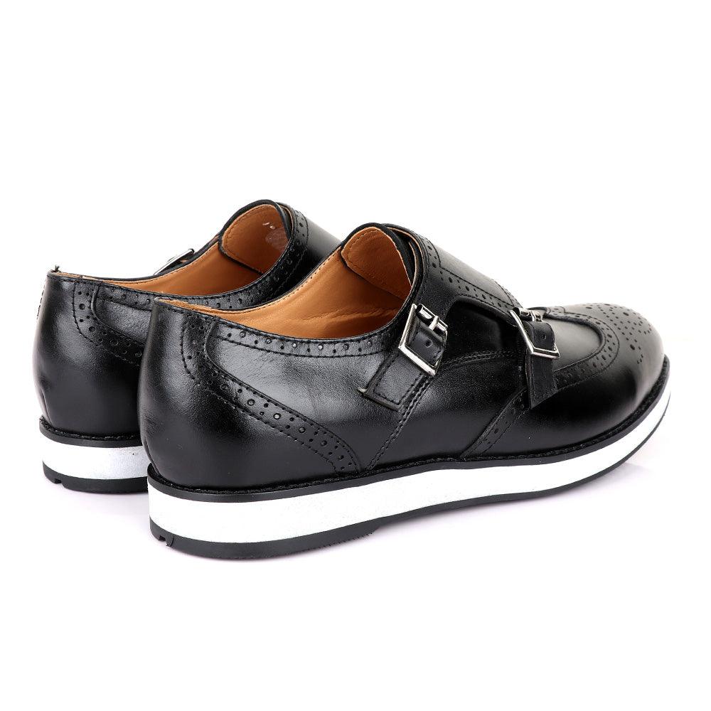 John Foster Men’s Double Monk Strap Brogues Shoes-Black - Obeezi