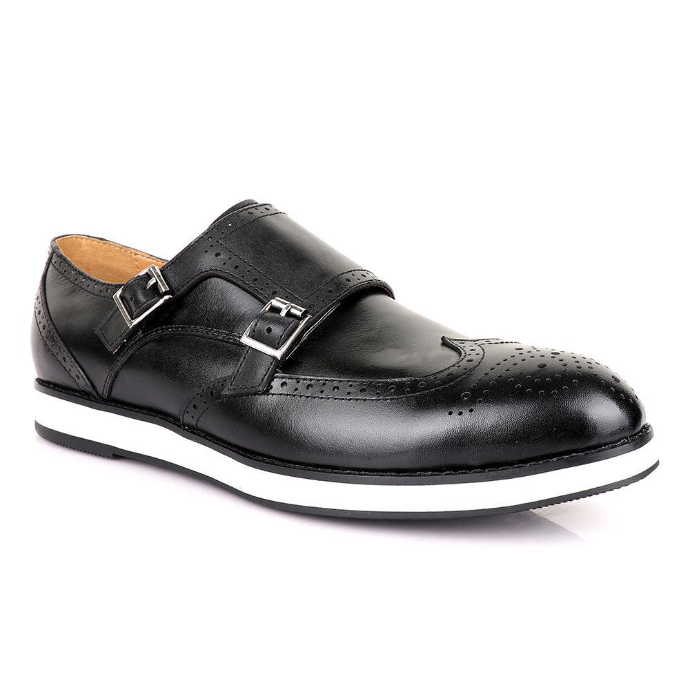 John Foster Men’s Double Monk Strap Brogues Shoes-Black - Obeezi