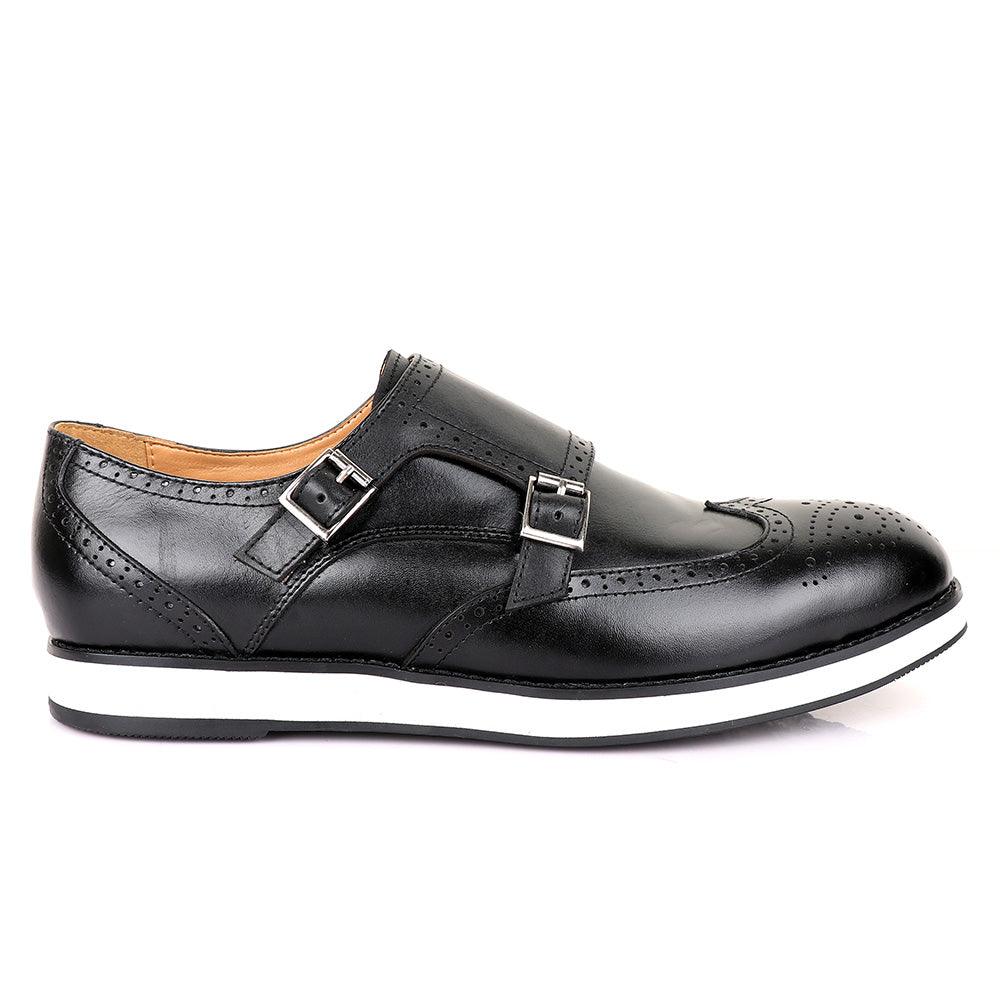 John Foster Men’s Double Monk Strap Brogues Shoes-Black - Obeezi