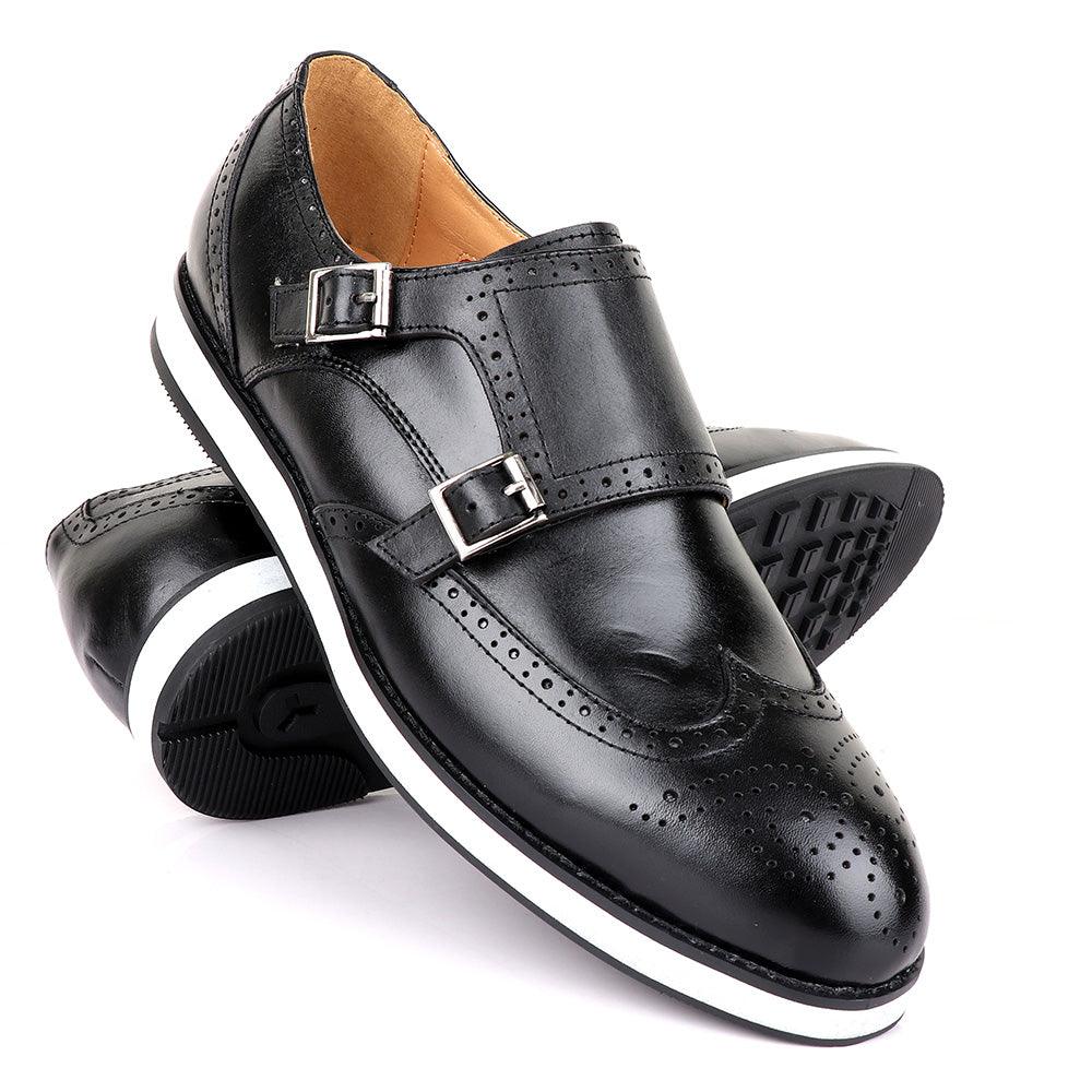 John Foster Men’s Double Monk Strap Brogues Shoes-Black - Obeezi