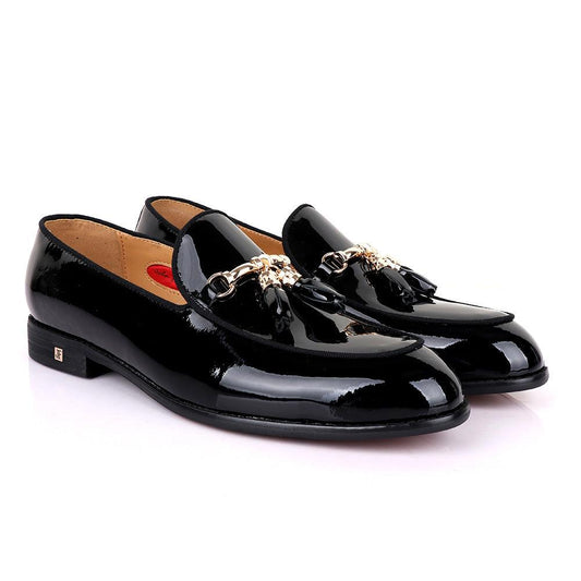 John foster Men's Wet Lips Leather with Gold chain-Black - Obeezi