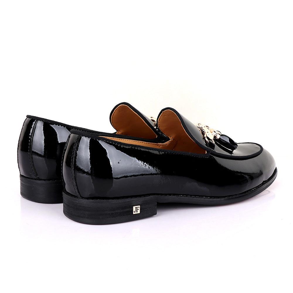 John foster Men's Wet Lips Leather with Gold chain-Black - Obeezi