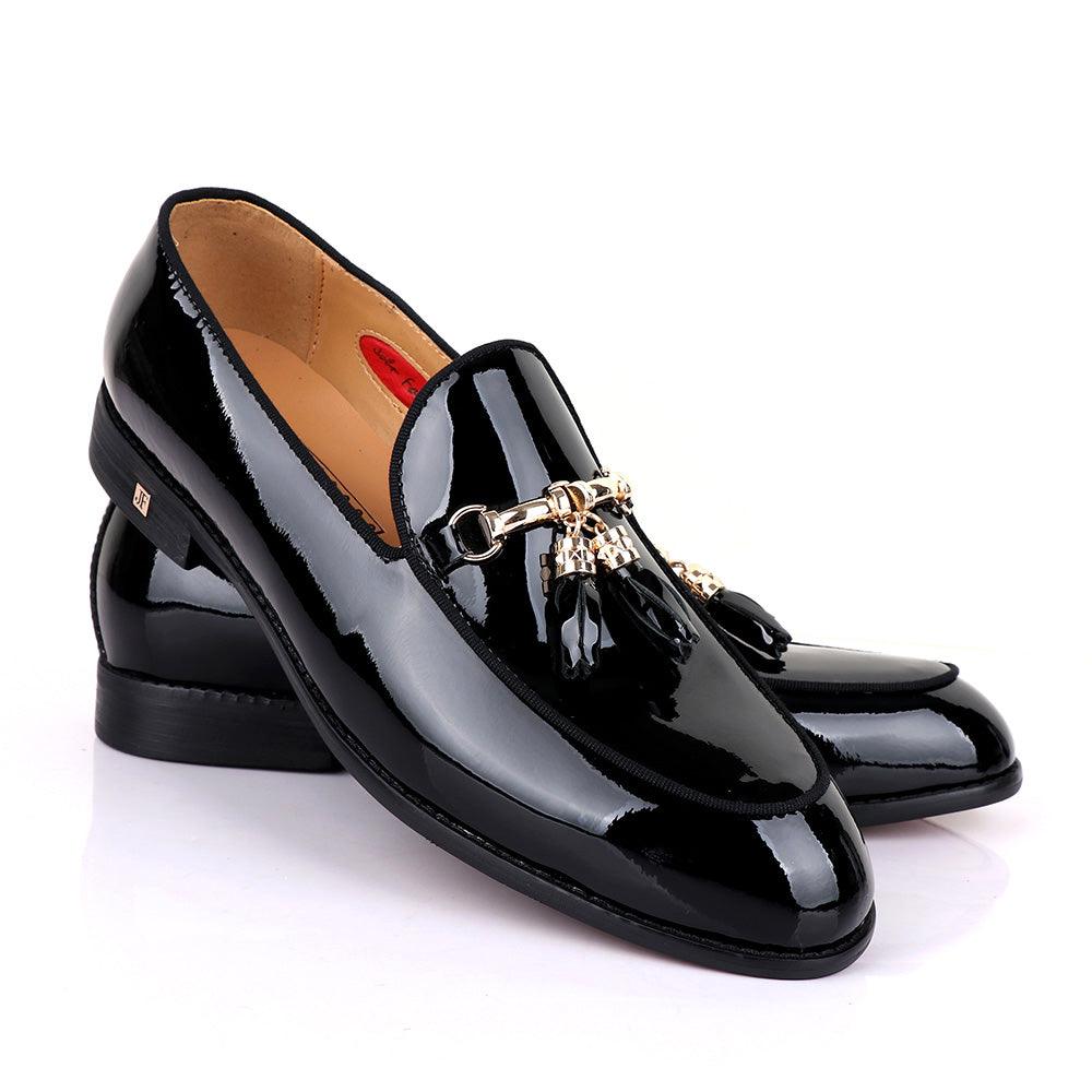 John foster Men's Wet Lips Leather with Gold chain-Black - Obeezi