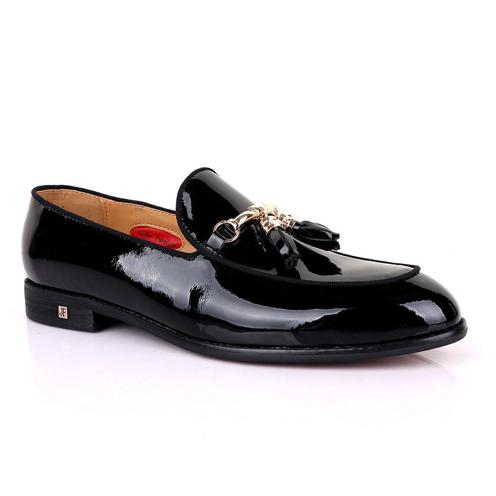 John foster Men's Wet Lips Leather with Gold chain-Black - Obeezi