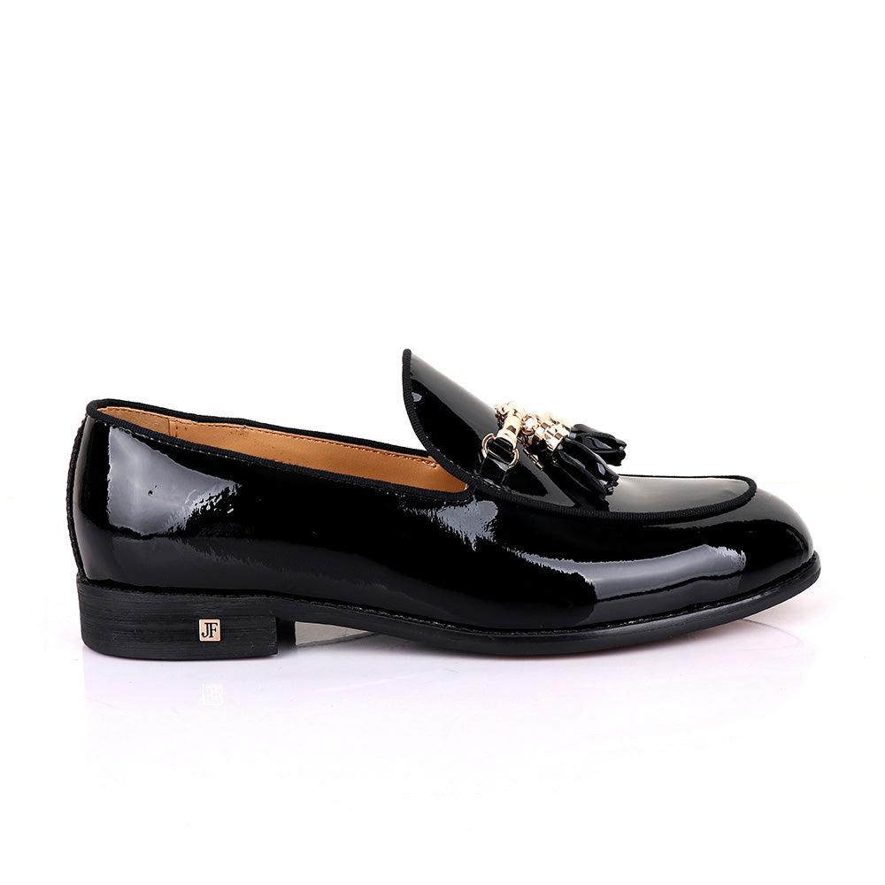 John foster Men's Wet Lips Leather with Gold chain-Black - Obeezi