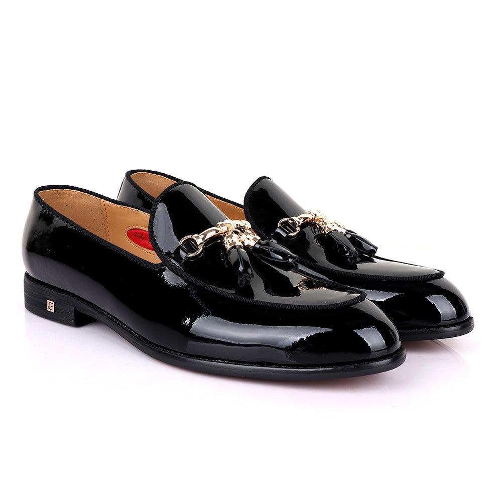 John foster Men's Wet Lips Leather with Gold chain-Black - Obeezi