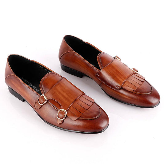John Foster Monk-Strap with Fringe Brown Leather Shoe - Obeezi