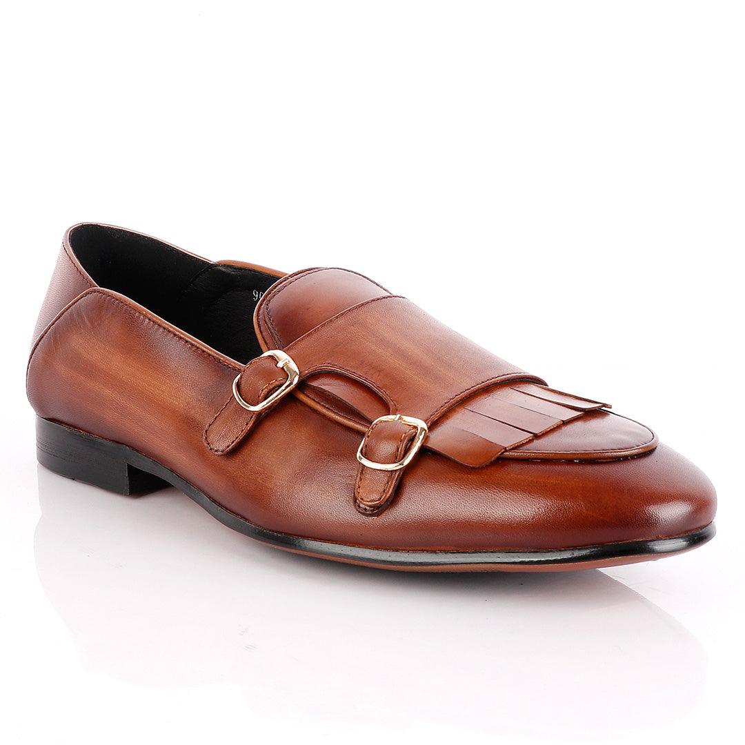 John Foster Monk-Strap with Fringe Brown Leather Shoe - Obeezi