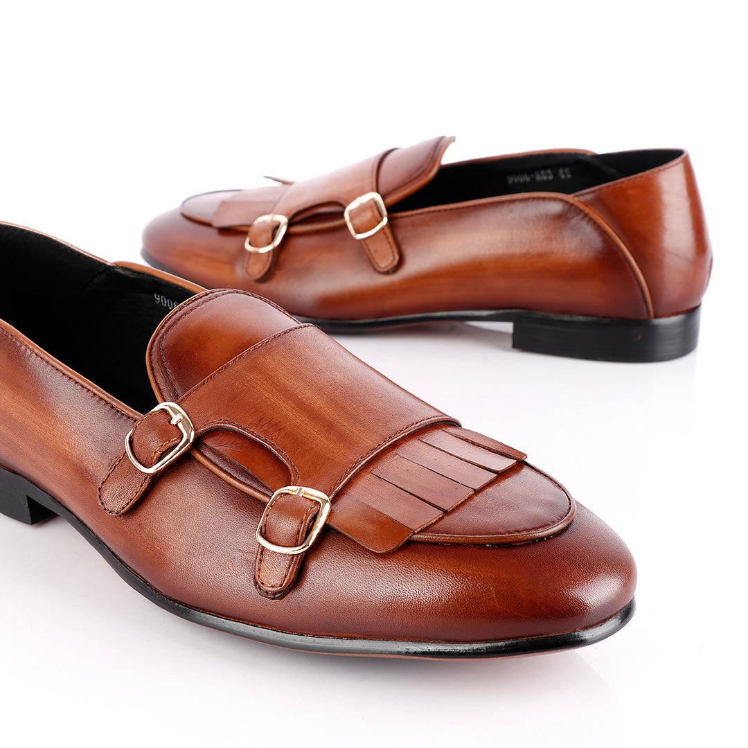 John Foster Monk-Strap with Fringe Brown Leather Shoe - Obeezi