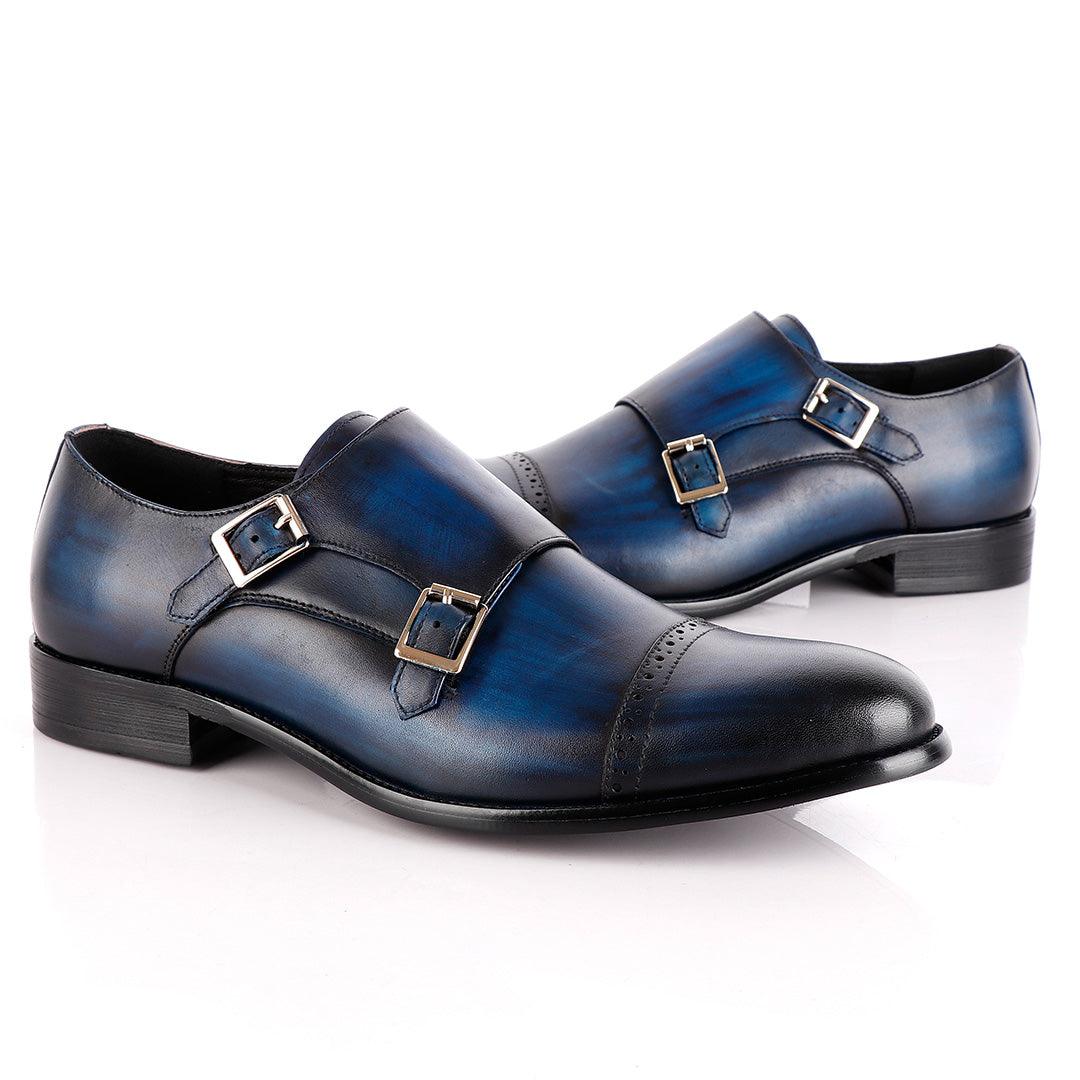 John Foster NavyBlue Leather Double Monk-strap Quarter Brogue Shoe - Obeezi