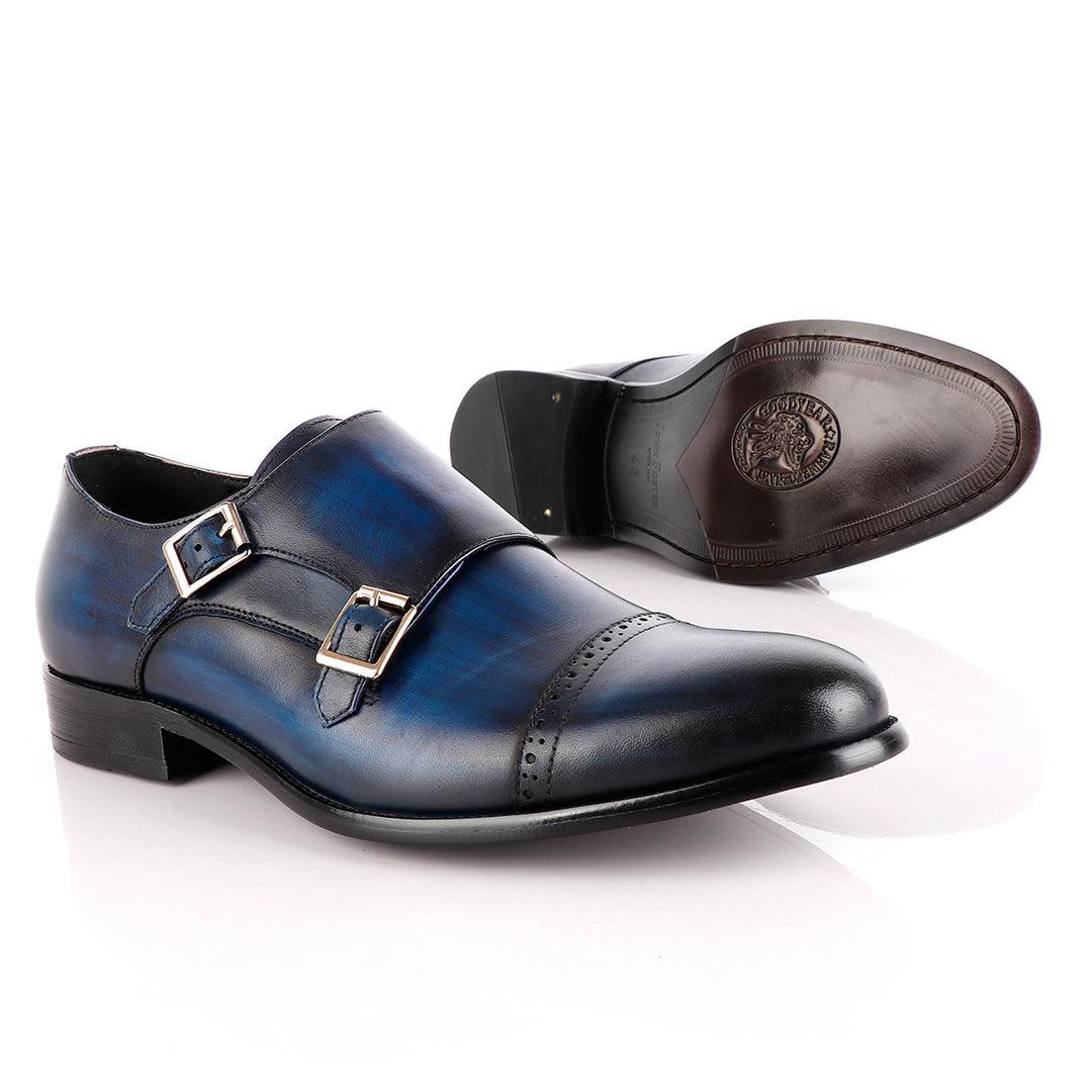 John Foster NavyBlue Leather Double Monk-strap Quarter Brogue Shoe - Obeezi