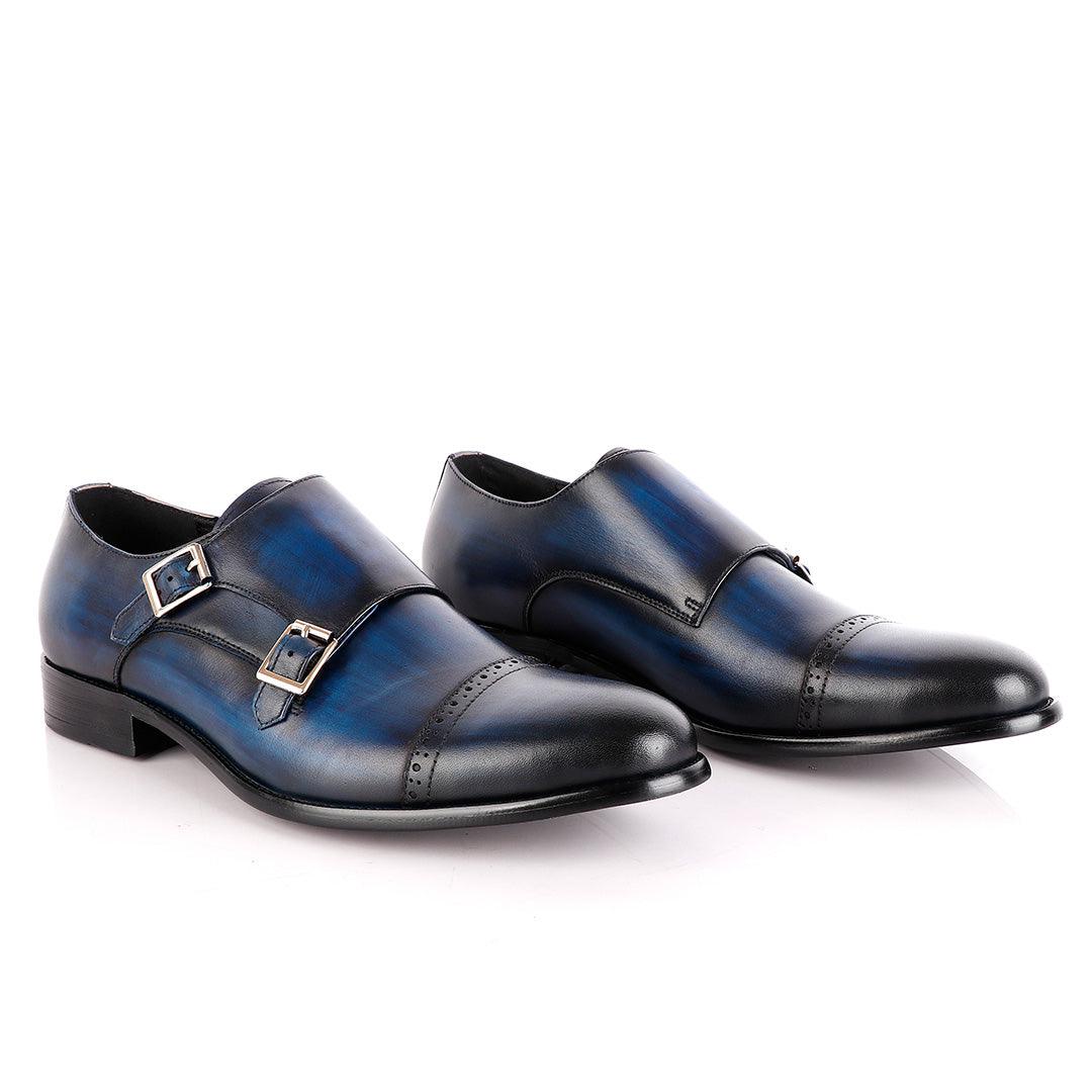 John Foster NavyBlue Leather Double Monk-strap Quarter Brogue Shoe - Obeezi