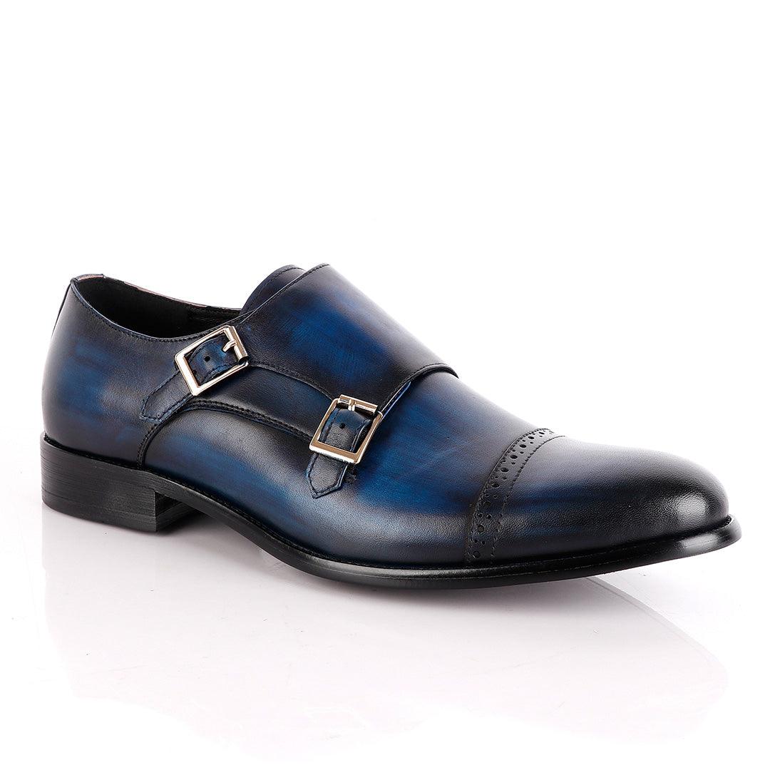 John Foster NavyBlue Leather Double Monk-strap Quarter Brogue Shoe - Obeezi
