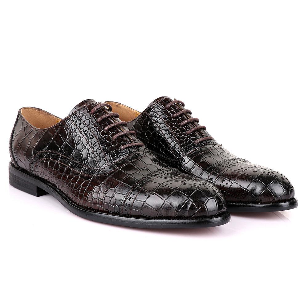 John Foster Oxford Croc Coffee Leather Shoe - Obeezi