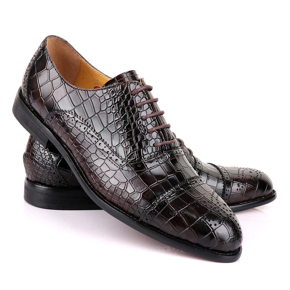 John Foster Oxford Croc Coffee Leather Shoe - Obeezi