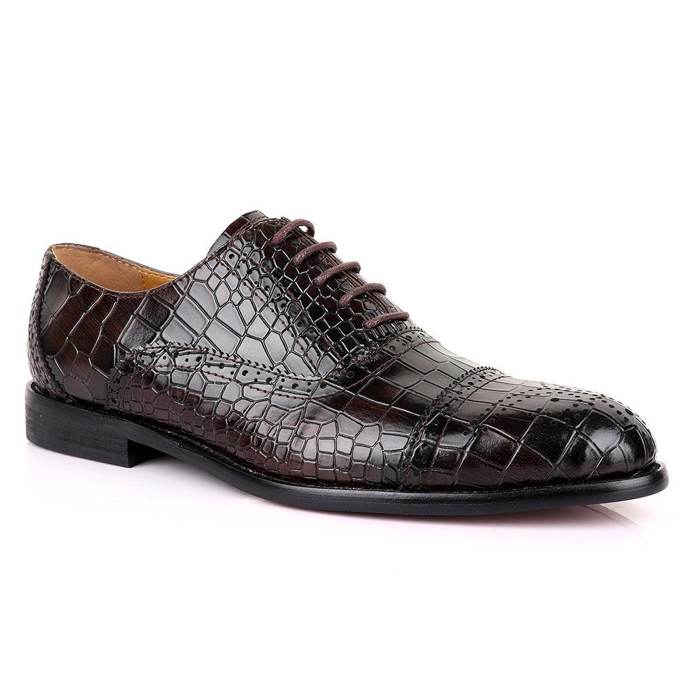 John Foster Oxford Croc Coffee Leather Shoe - Obeezi
