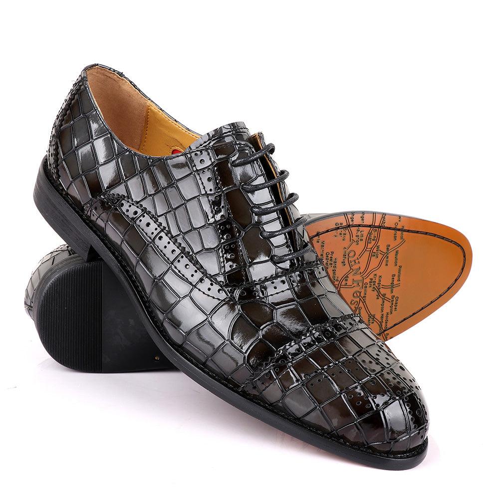 John Foster Oxford Crocodile Grey Leather Shoe - Obeezi