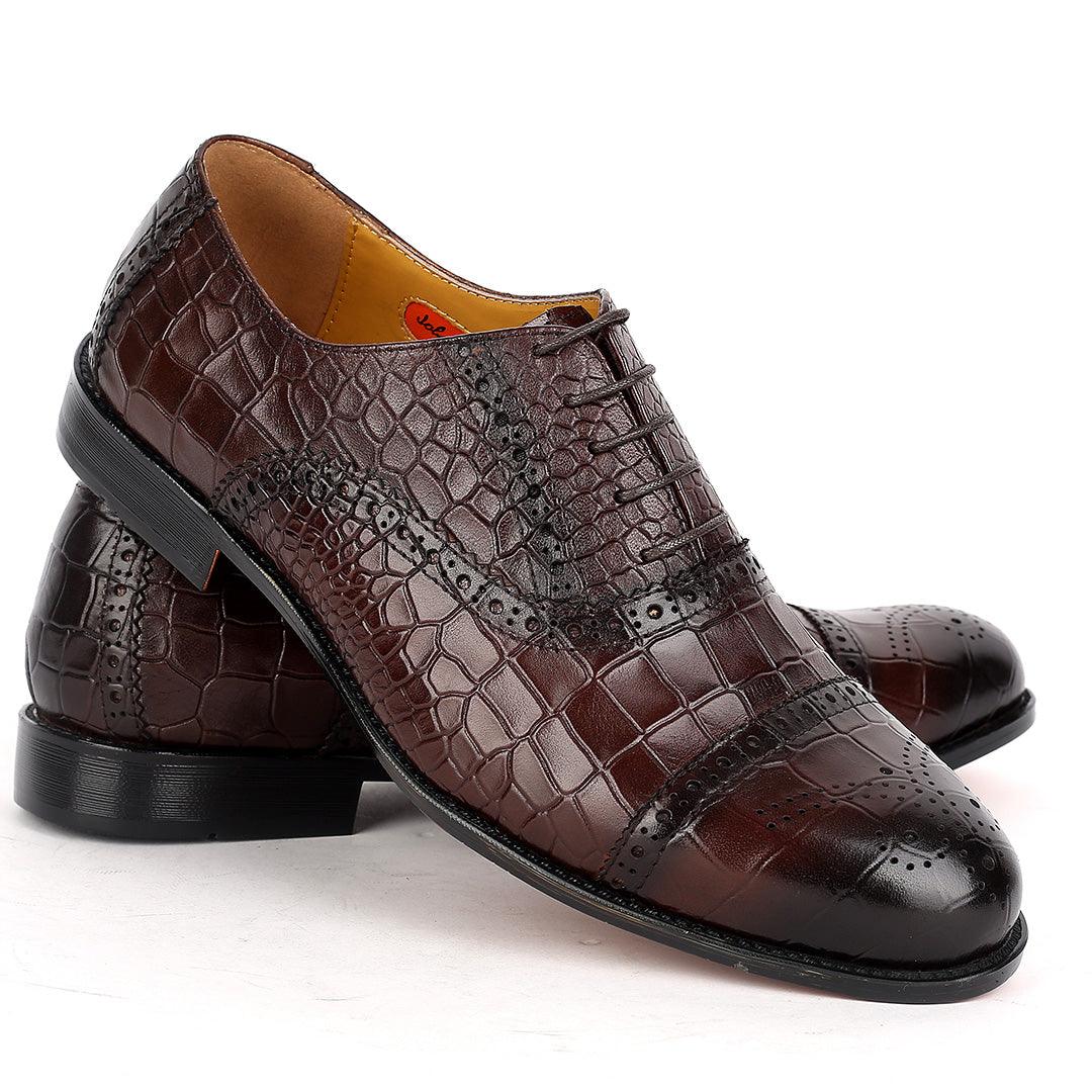 John Foster Oxford Full Crocodile Leather Skin Designed-Brown - Obeezi.com
