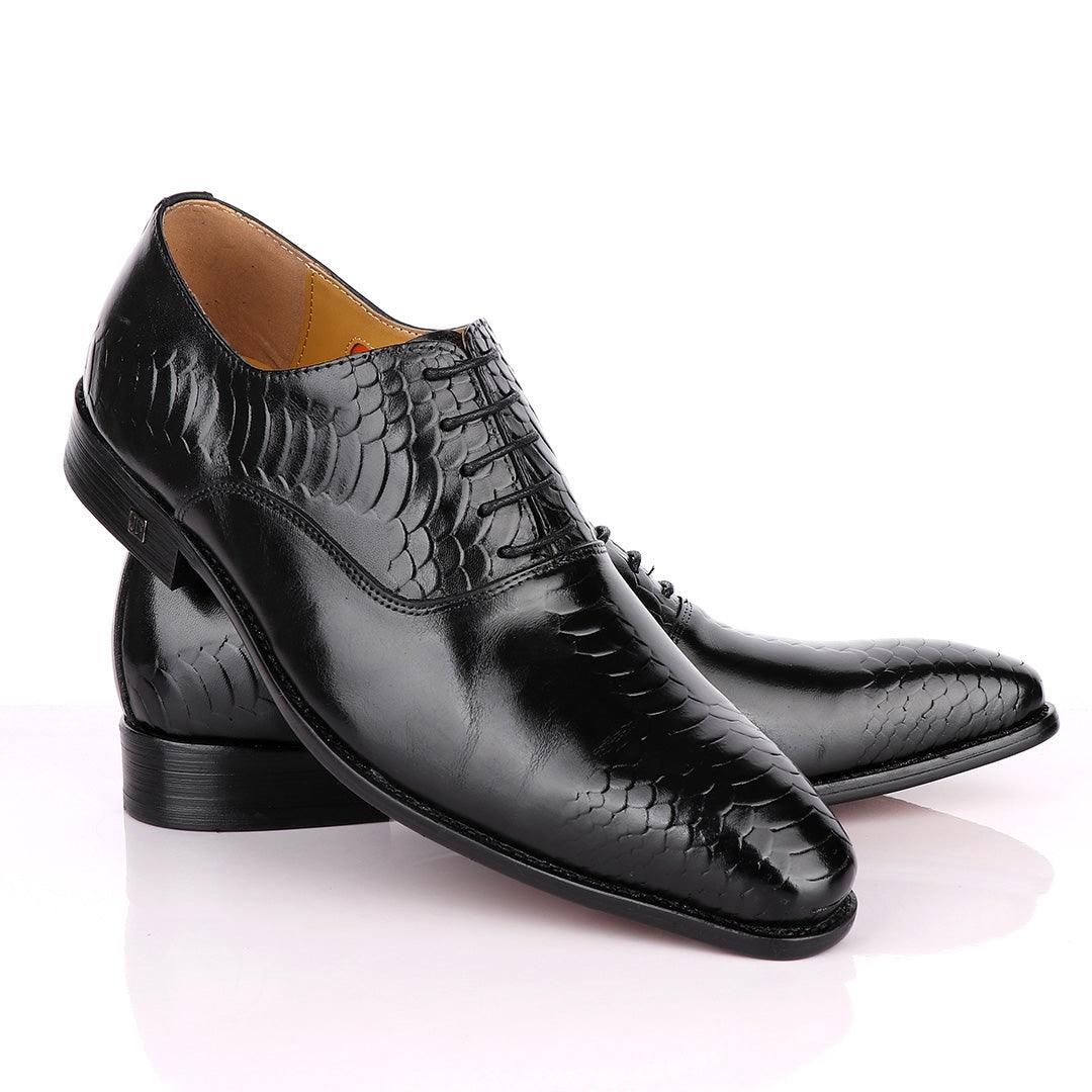 John Foster Oxford Half Croc Laceup Black wingtip Leather Shoes - Obeezi