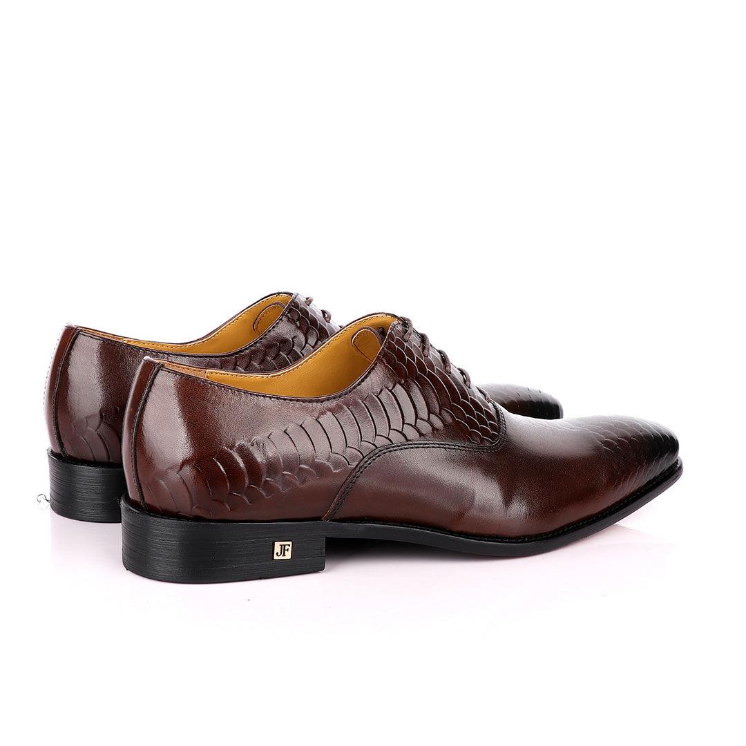 John Foster Oxford Half Croc Laceup Coffee wingtip Leather Shoes - Obeezi