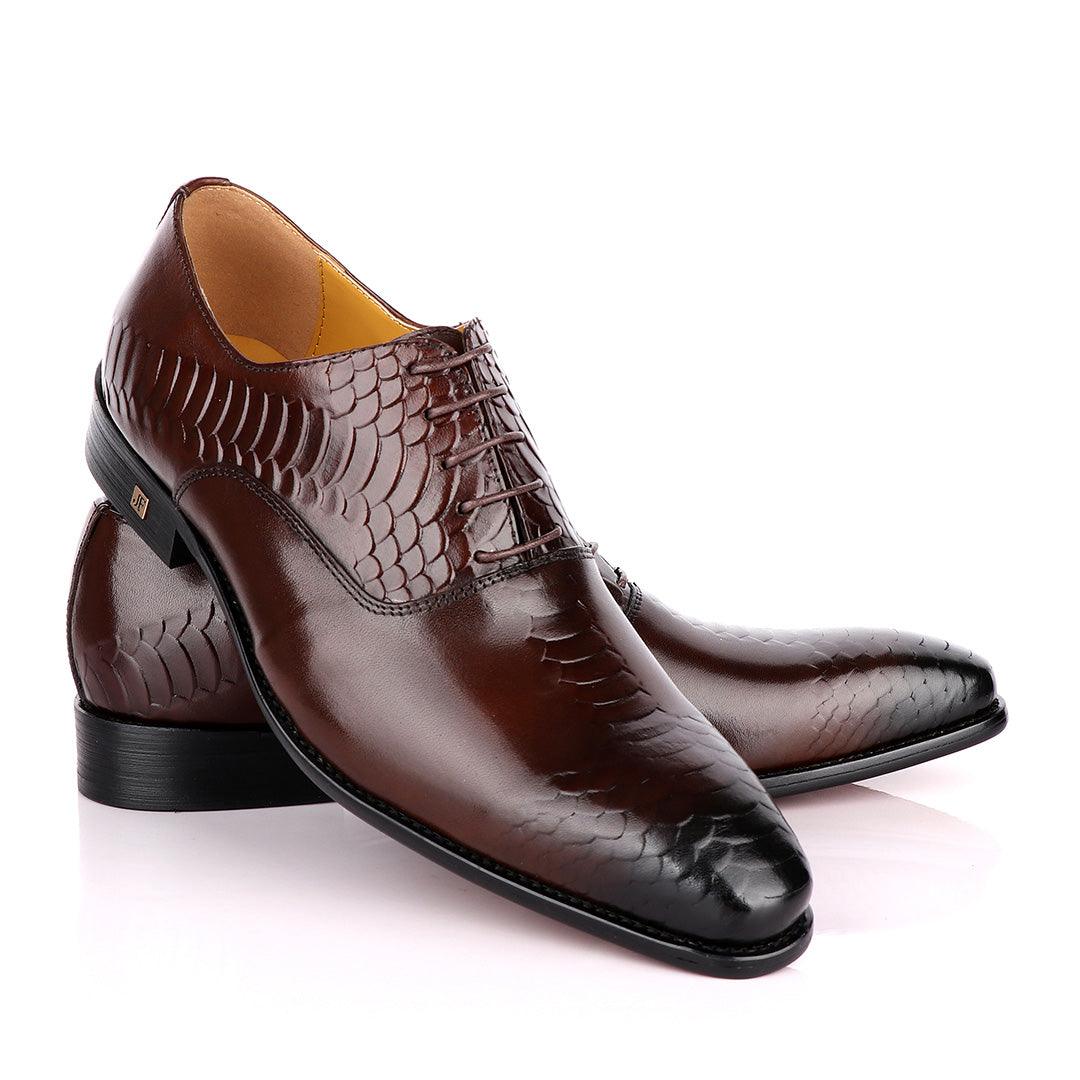 John Foster Oxford Half Croc Laceup Coffee wingtip Leather Shoes - Obeezi