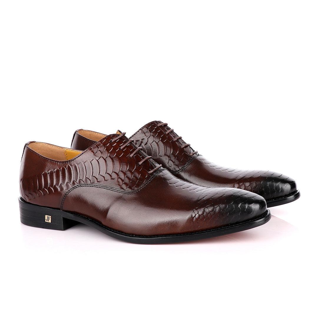 John Foster Oxford Half Croc Laceup Coffee wingtip Leather Shoes - Obeezi