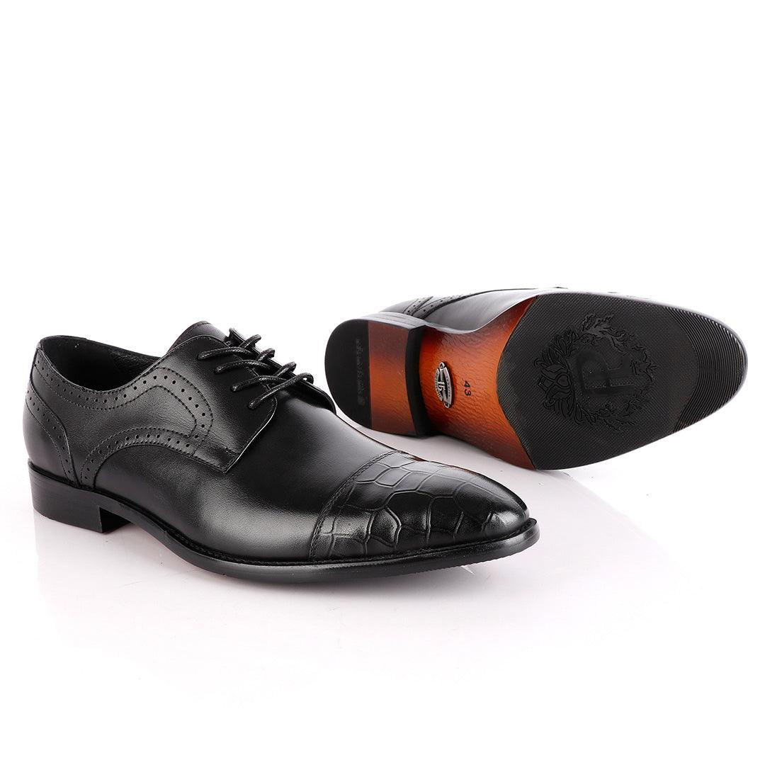 John Foster Oxford Half Croc Laceup Wingtip Black Leather Shoes - Obeezi