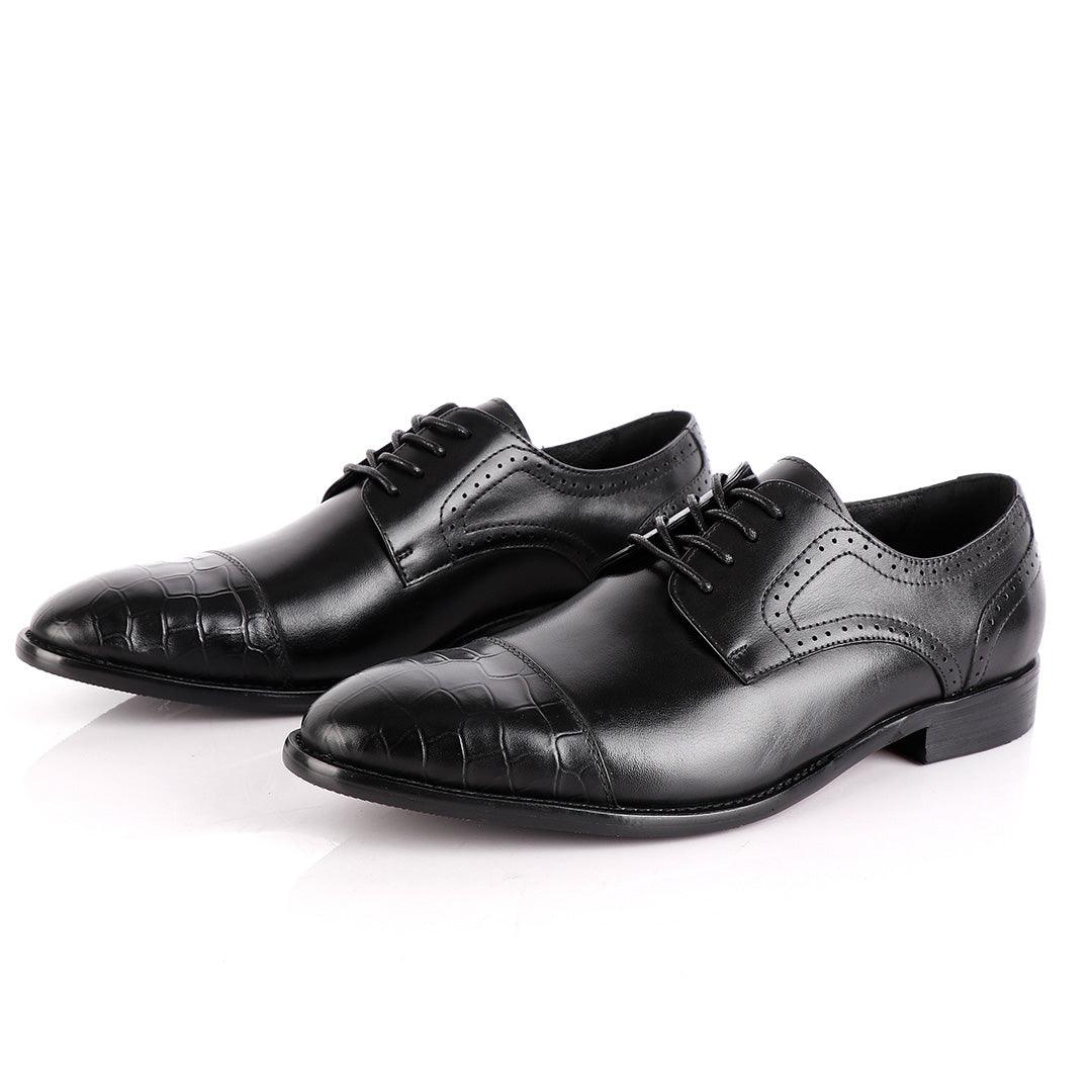 John Foster Oxford Half Croc Laceup Wingtip Black Leather Shoes - Obeezi