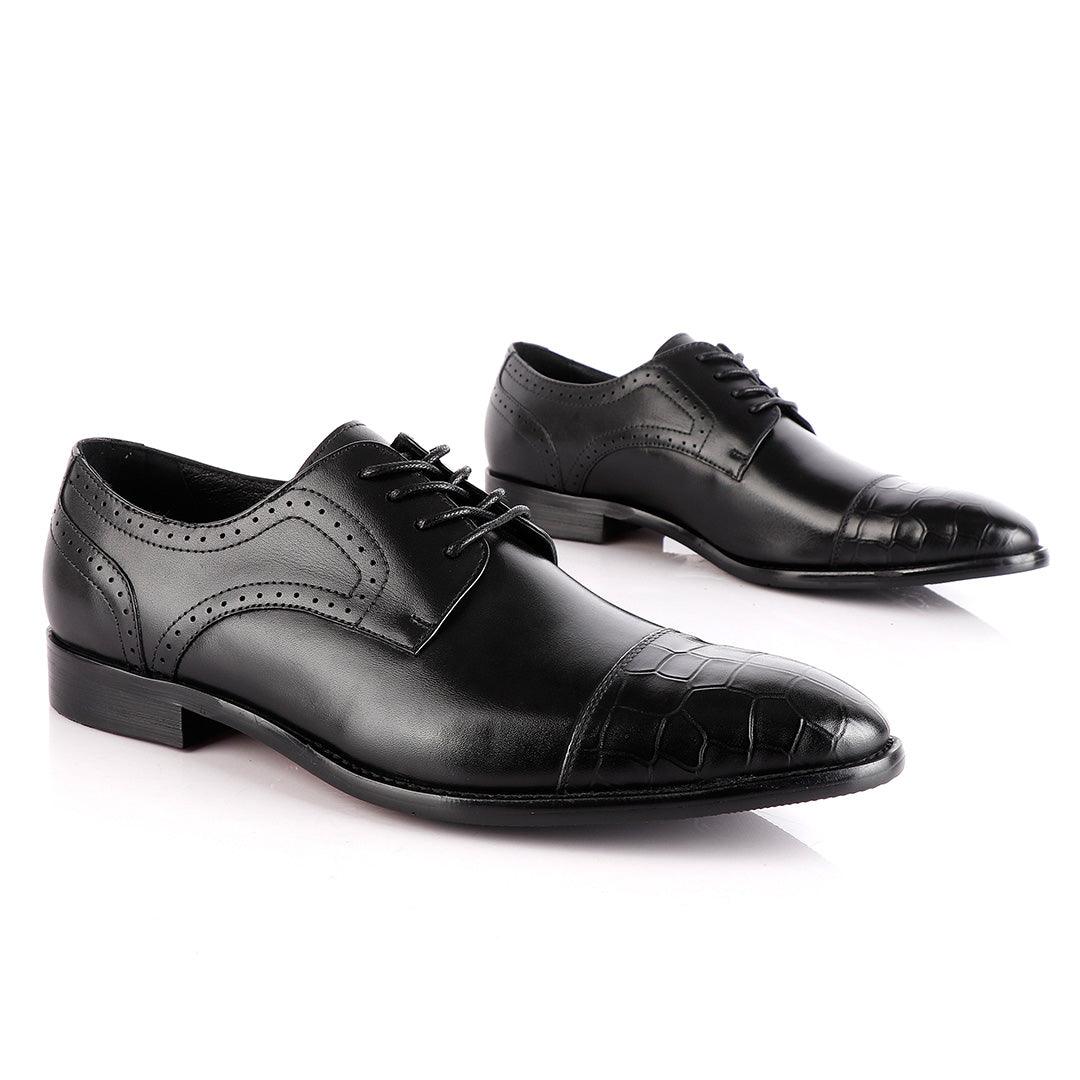 John Foster Oxford Half Croc Laceup Wingtip Black Leather Shoes - Obeezi