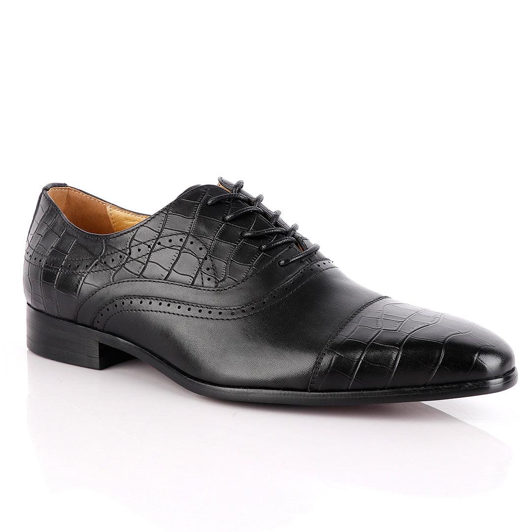 John Foster Oxford Wingtip Croc Laceup Black Leather Shoes - Obeezi