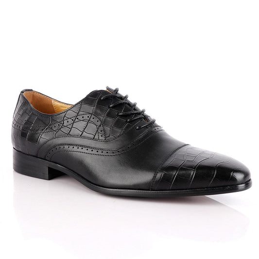 John Foster Oxford Wingtip Croc Laceup Black Leather Shoes - Obeezi