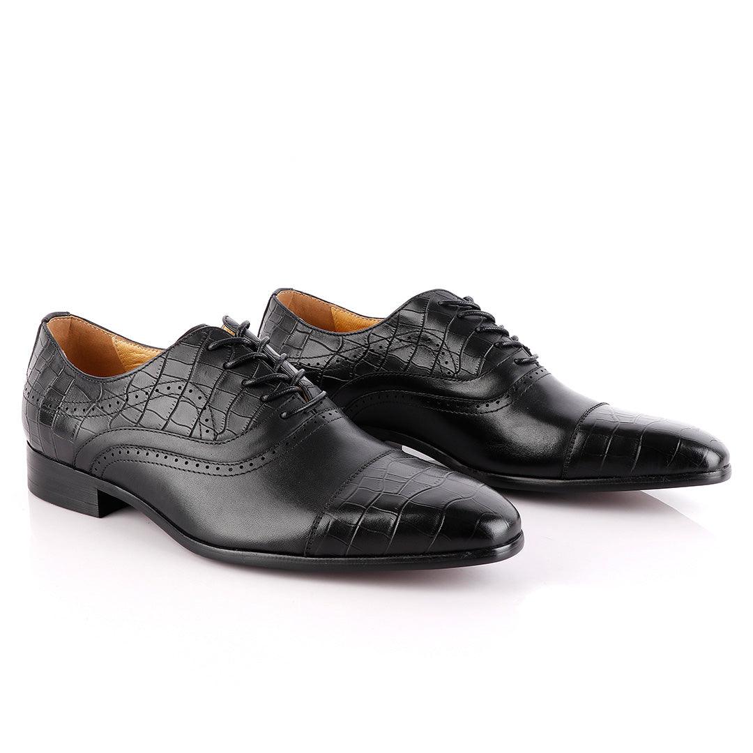 John Foster Oxford Wingtip Croc Laceup Black Leather Shoes - Obeezi