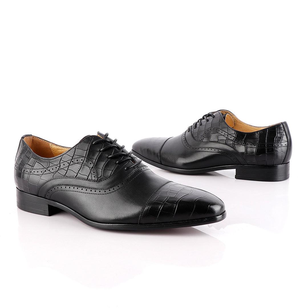 John Foster Oxford Wingtip Croc Laceup Black Leather Shoes - Obeezi