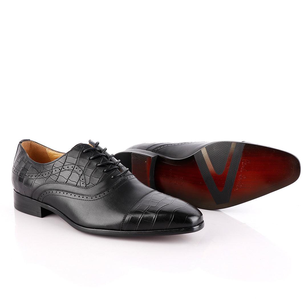 John Foster Oxford Wingtip Croc Laceup Black Leather Shoes - Obeezi