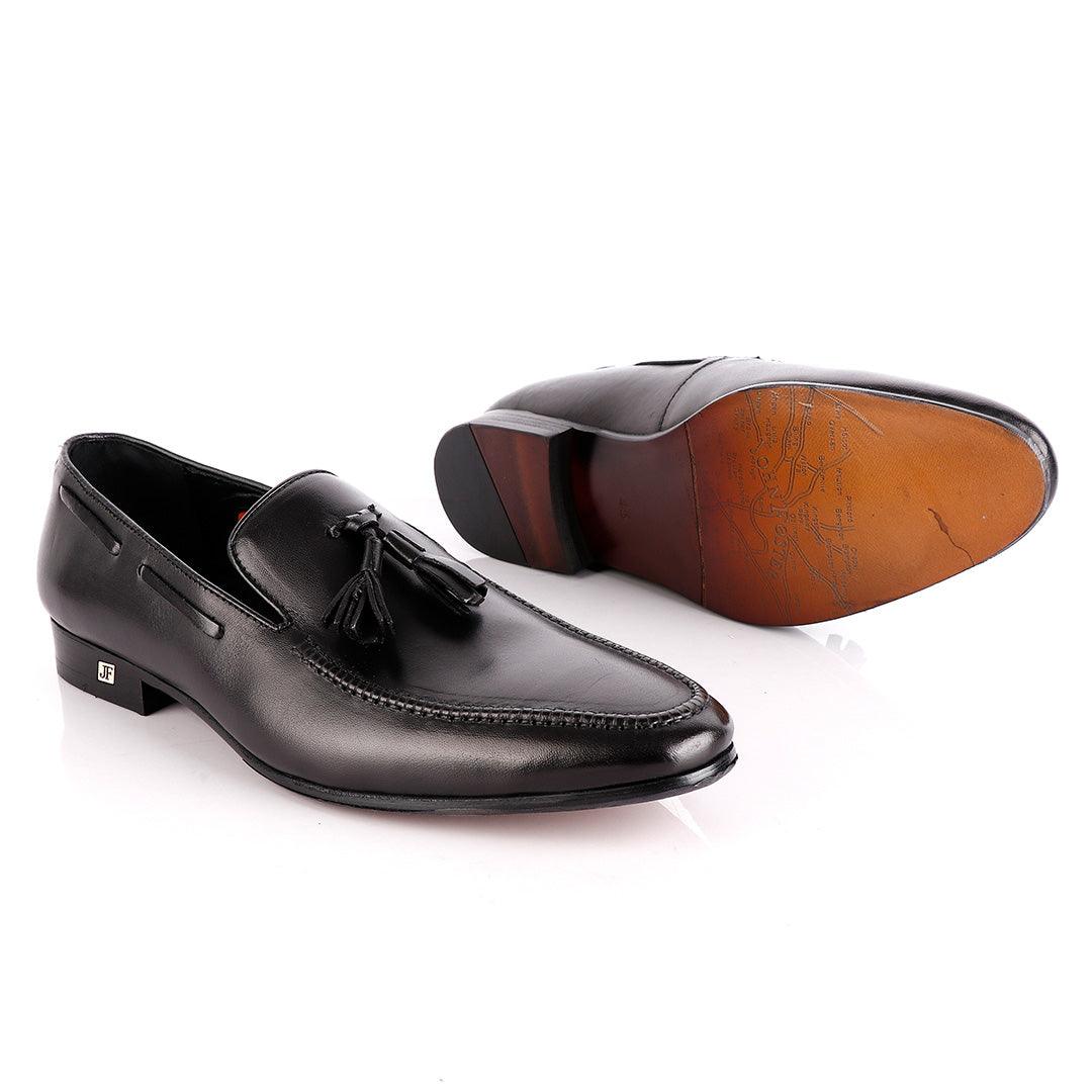 John Foster Plain Black Leather Tassel Slip on Shoe - Obeezi